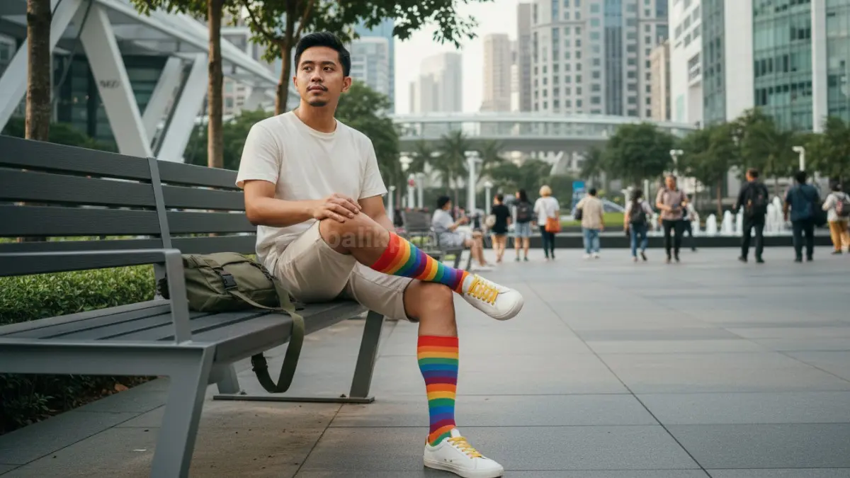 Outfit kasual dengan kaus kaki warna-warni yang mencuri perhatian.