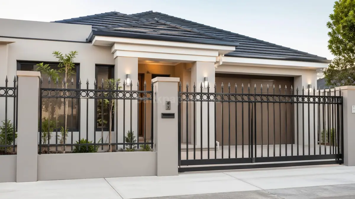 Pagar besi klasik minimalis warna hitam dengan desain vertikal rapi di rumah modern.