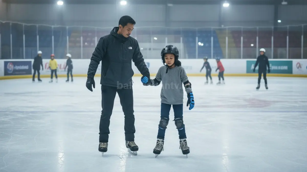 Pemula mengikuti sesi latihan dasar ice skating di arena es umum dengan pendampingan pelatih, fokus belajar berdiri stabil, meluncur perlahan, dan beradaptasi dengan permukaan licin sebagai tahap awal membangun keseimbangan tubuh.