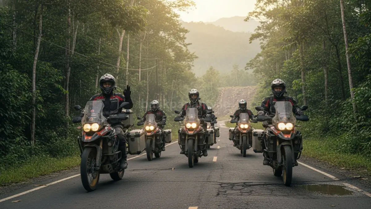 Pengendara motor sedang melakukan touring ekspedisi jarak jauh melintasi jalur lintas provinsi dengan kondisi jalan beragam, menunjukkan kesiapan fisik, mental, dan teknis dalam menghadapi perjalanan panjang yang penuh tantangan.