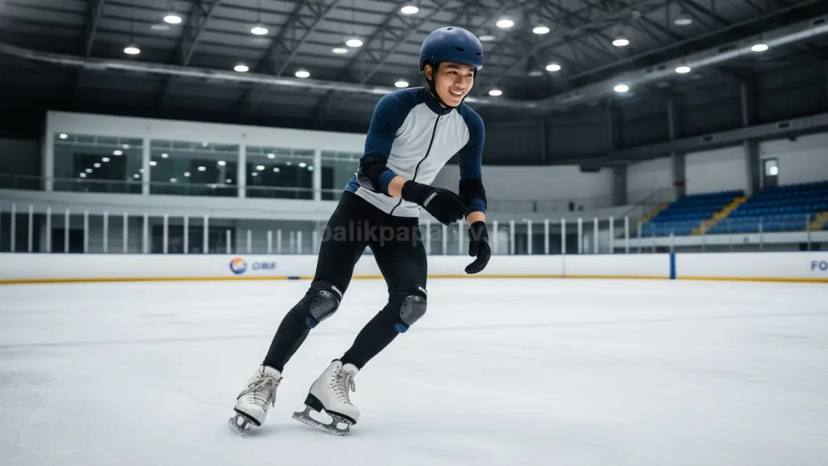 Pengguna ice skating mengenakan sepatu skating yang pas dan sarung tangan pelindung di arena es, menunjukkan pentingnya perlengkapan yang tepat untuk menjaga keamanan, kenyamanan, dan mempercepat proses belajar tanpa risiko cedera.