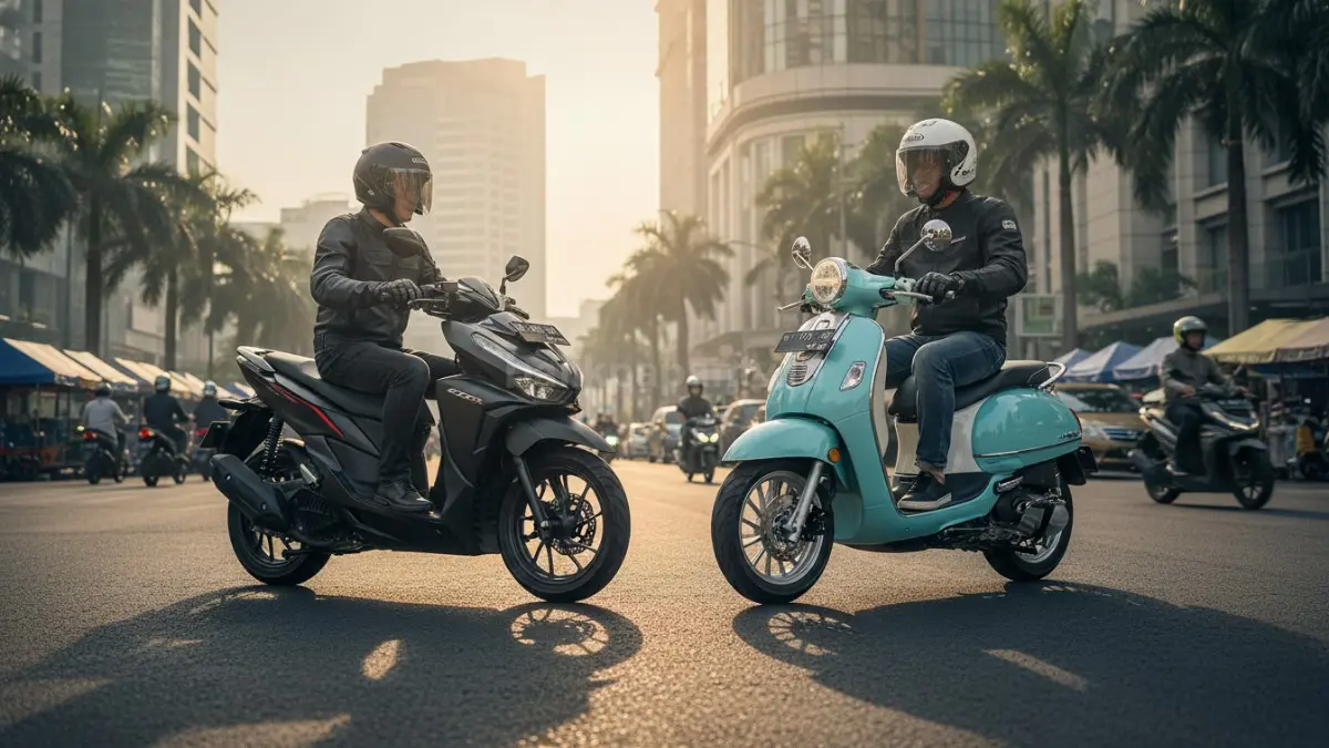 Perbandingan tampilan Honda Vario 160 dan WMOTO Letbe Island di jalan kota
