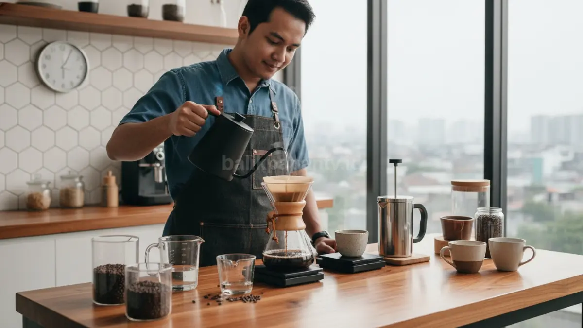 Proses manual brew sederhana menggunakan metode pour over atau French press di meja dapur, memperlihatkan takaran kopi dan air yang presisi untuk menghasilkan rasa kopi yang konsisten dan autentik.