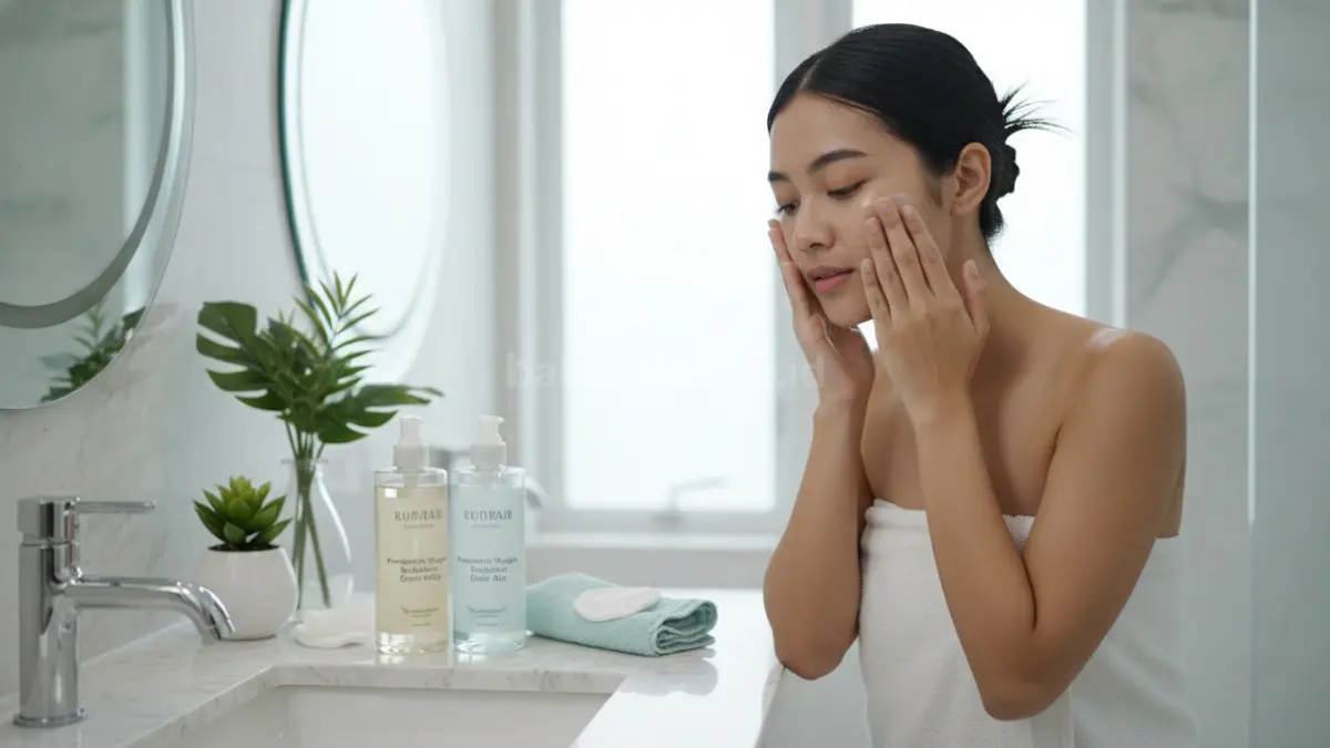 Proses membersihkan wajah dengan double cleansing.