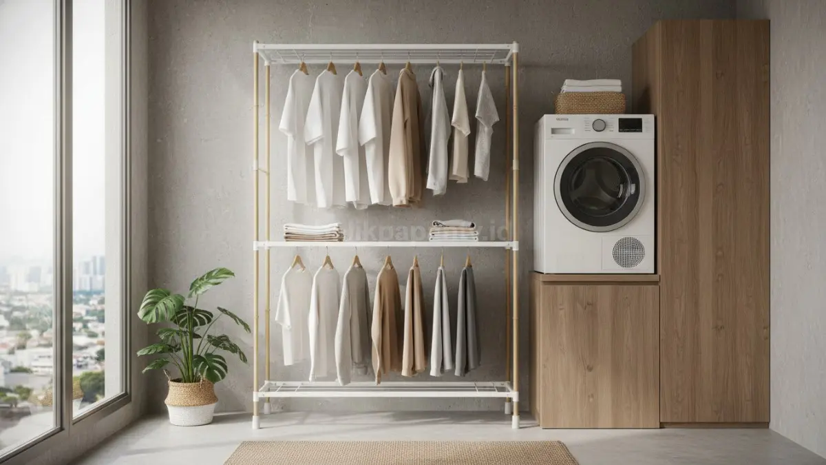 Rak laundry bertingkat yang hemat ruang untuk rumah kecil dan modern
