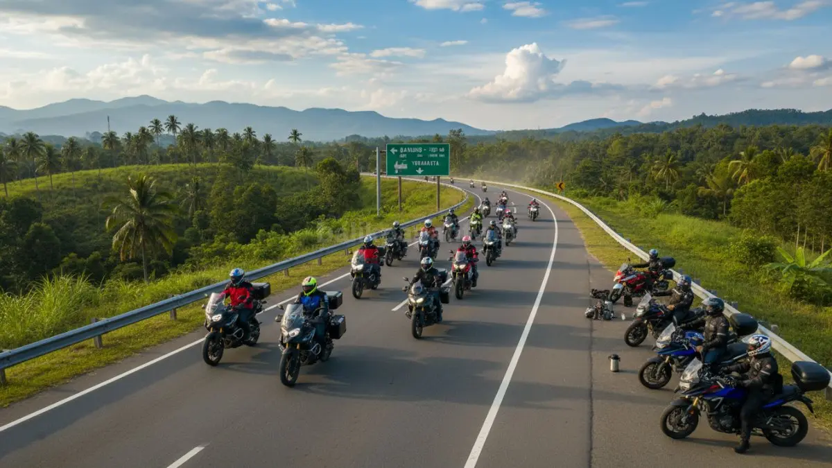 Rombongan motor melakukan touring antar kota dengan formasi iring-iringan yang teratur di jalan raya, menampilkan koordinasi perjalanan, perencanaan rute, serta pengaturan waktu istirahat untuk menjaga keamanan dan kelancaran perjalanan.