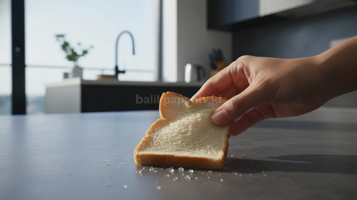 Roti tawar digunakan membersihkan serpihan kaca kecil di lantai dapur modern.