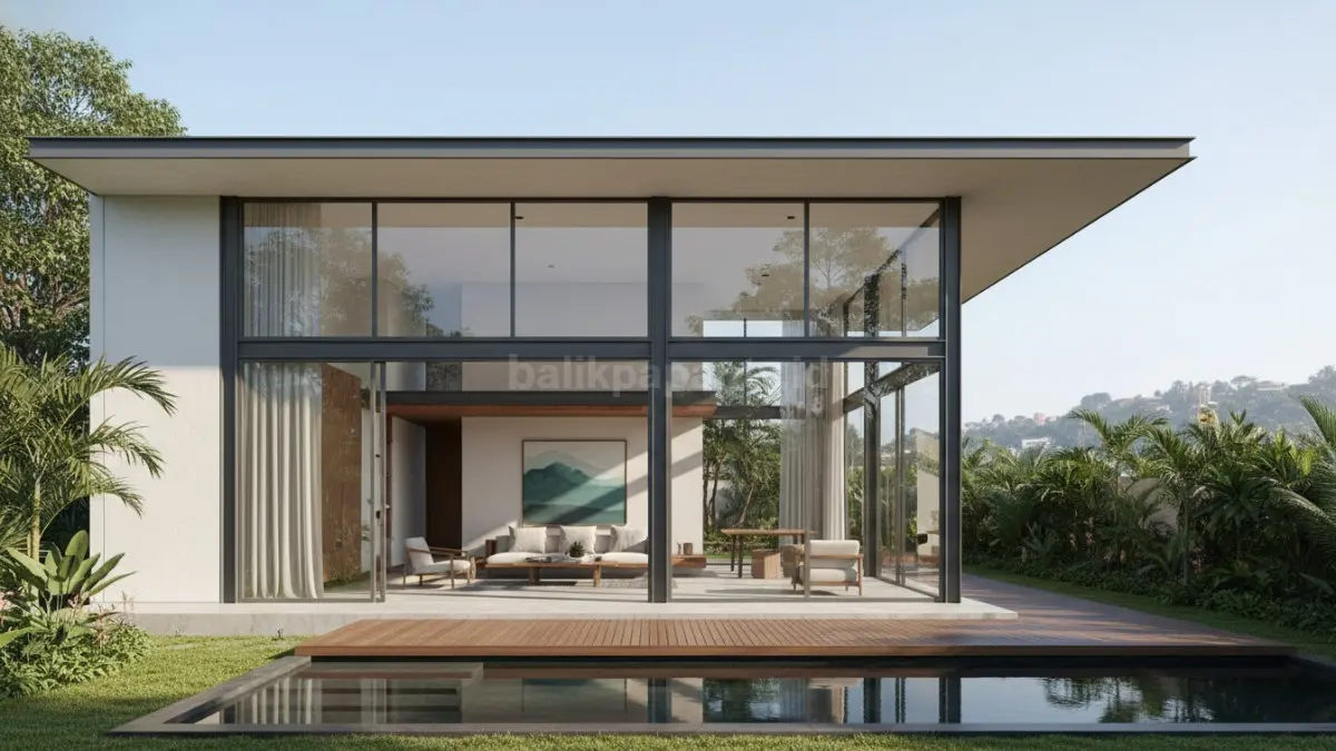 Rumah rangka baja minimalis modern dengan desain bersih dan pencahayaan alami
