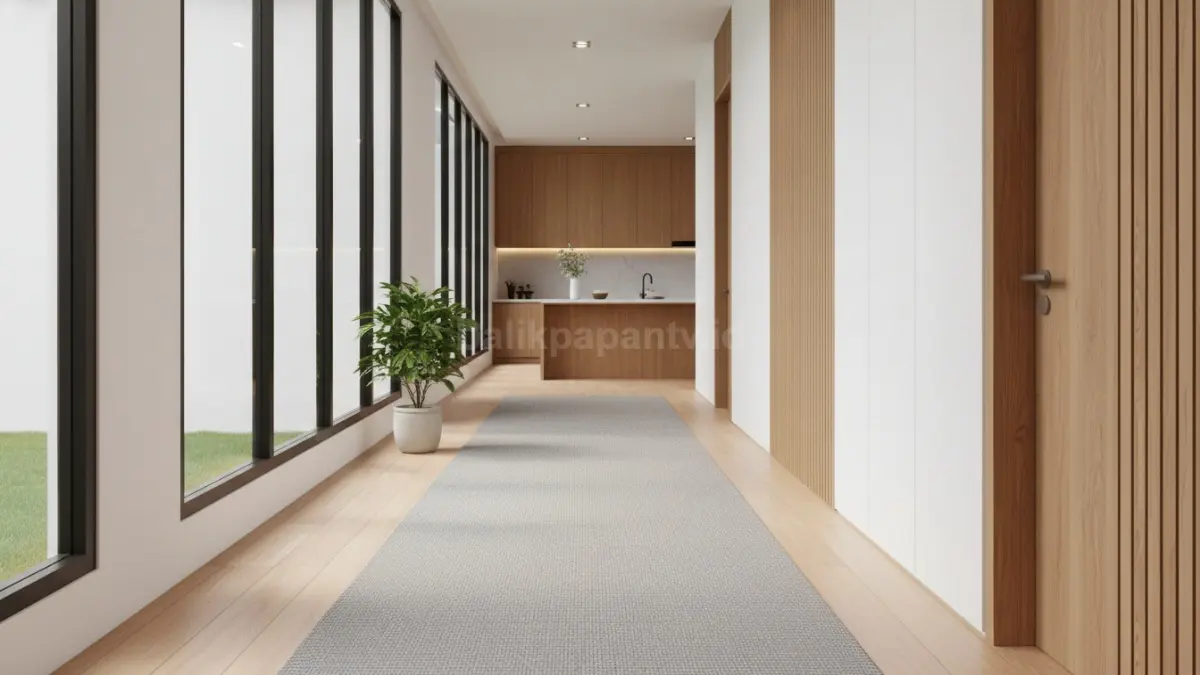 Runner minimalis di lorong rumah modern, tampil bersih dan fungsional