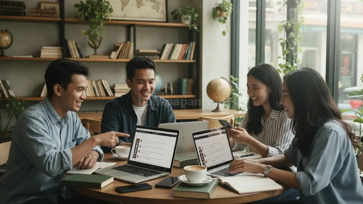  sekelompok orang berdiskusi tentang sejarah dunia melalui forum digital di laptop dan ponsel, menampilkan interaksi berbagai sudut pandang yang memperkaya pemahaman dan membuat proses belajar terasa hidup serta tidak membosankan.