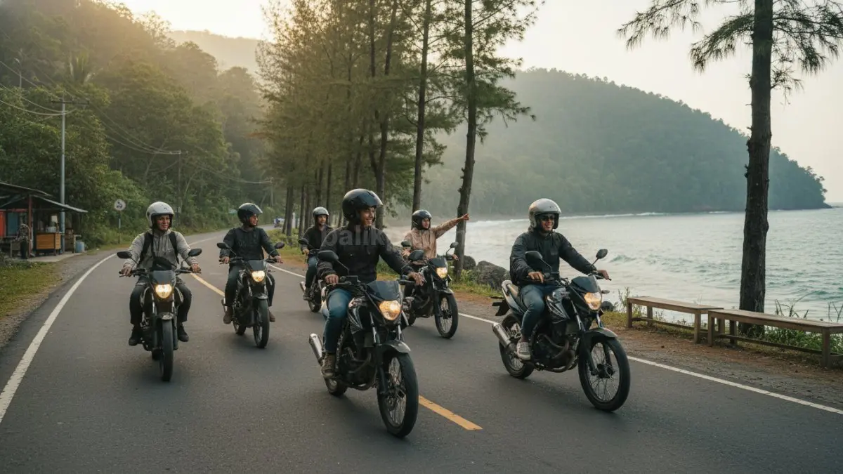 Sekelompok pengendara motor menikmati touring santai jarak pendek di akhir pekan menuju destinasi pantai atau pegunungan, menampilkan suasana rekreasi ringan, kebersamaan, dan perjalanan singkat dengan persiapan sederhana.