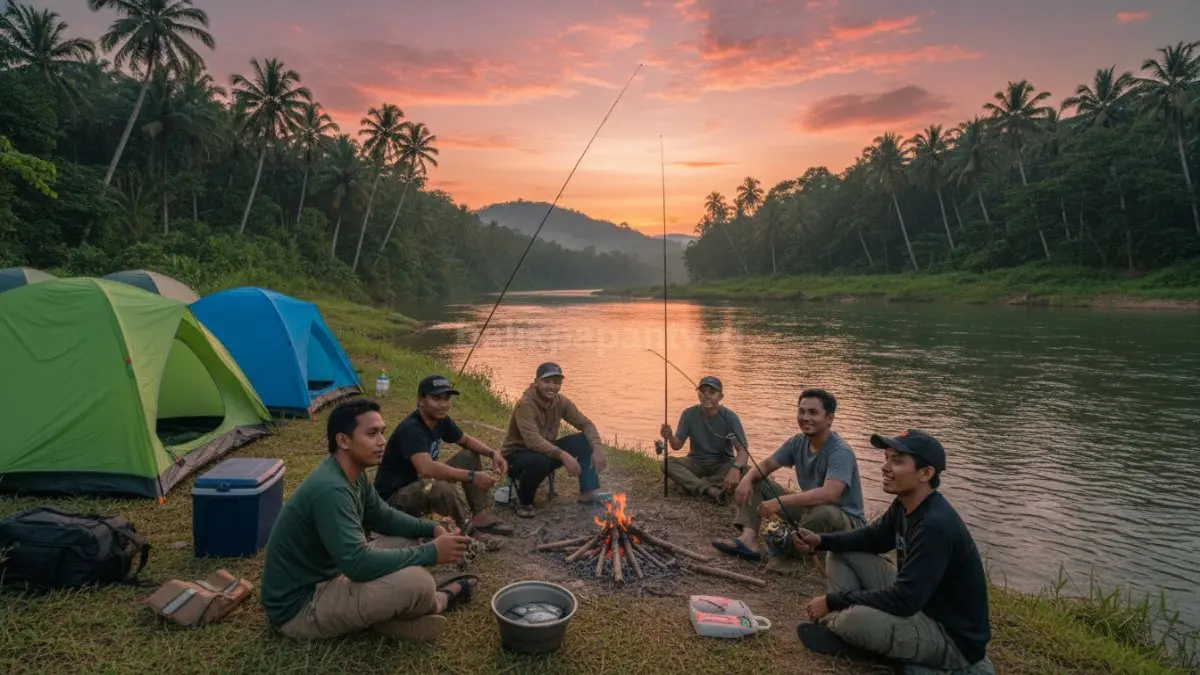 Sekelompok teman camping di tepi sungai sambil memancing di alam terbuka