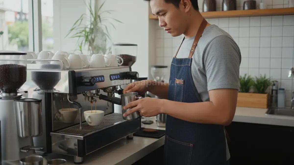 Seorang barista mengoperasikan mesin espresso untuk mengekstrak kopi, dilanjutkan dengan pembuatan latte atau cappuccino, menampilkan proses teknis yang presisi dan menjadi dasar banyak usaha kopi skala kecil.