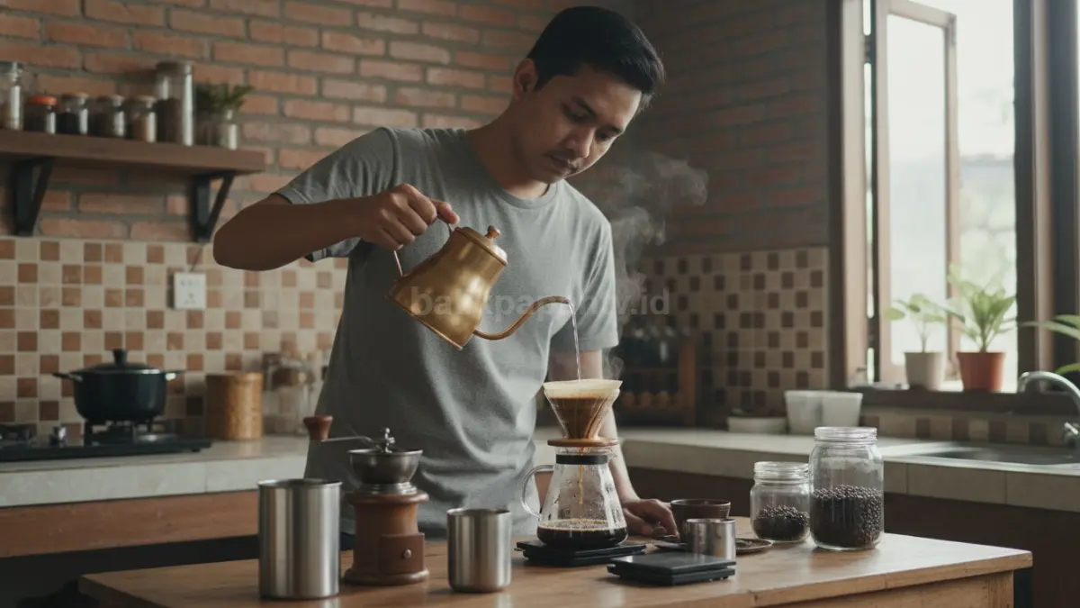 Seorang barista rumahan di Balikpapan meracik kopi dengan teknik manual brew di dapur sederhana, menampilkan proses detail dari menuang air hingga ekstraksi kopi yang menekankan skill, rasa, dan pengalaman dalam setiap sajian.