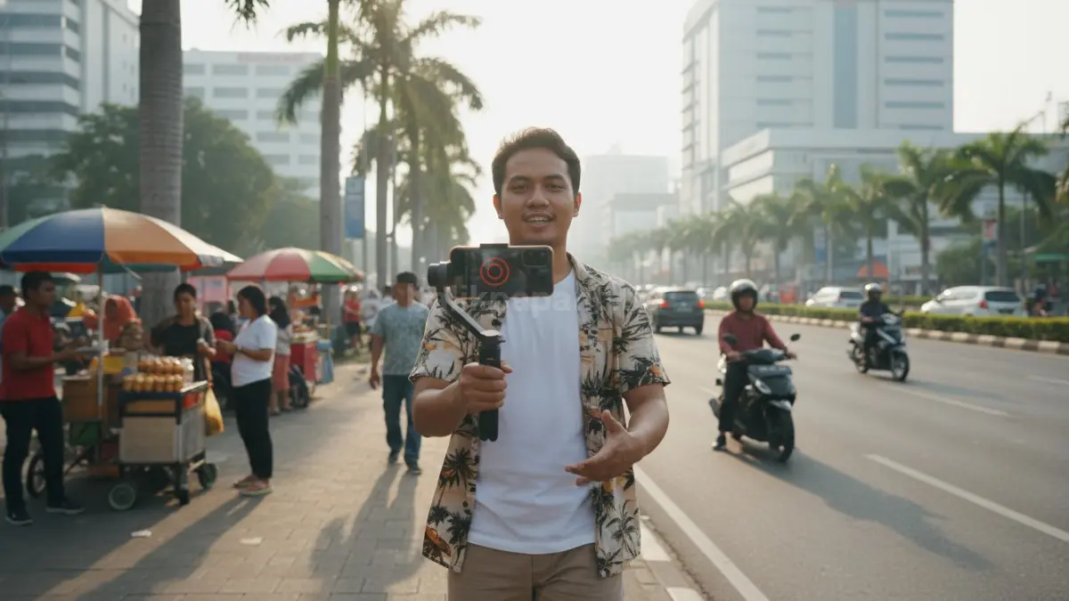 Seorang kreator lokal merekam aktivitas pagi di Balikpapan menggunakan smartphone, menampilkan suasana keseharian yang autentik dan relatable sebagai contoh konten vlogging yang dekat dengan kehidupan nyata dan diminati audiens modern.