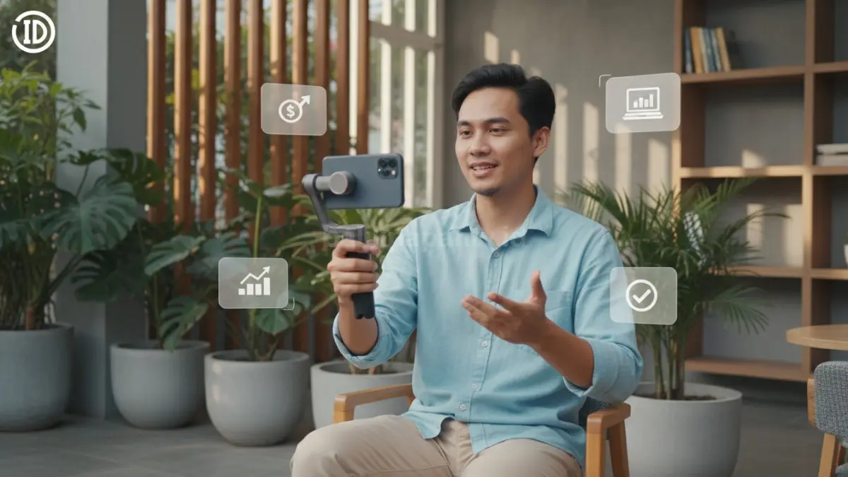 Seorang kreator menjelaskan tips praktis seperti keuangan sederhana atau skill digital di depan kamera smartphone dengan gaya santai, menampilkan visual teks singkat agar mudah dipahami dan langsung bermanfaat bagi penonton.