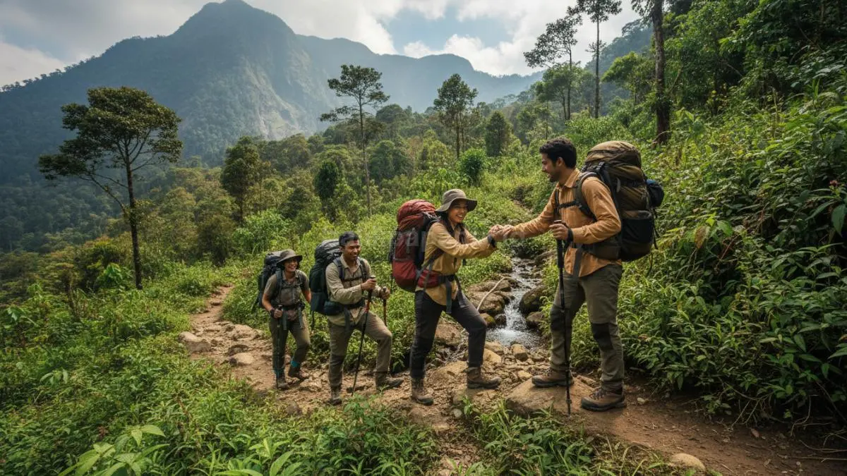 Seorang pendaki bersama teman-temannya sedang menaiki jalur pegunungan. Mereka membawa perlengkapan hiking dan tampak saling membantu di tengah pemandangan alam yang hijau dan menanjak.
