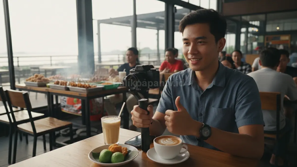 Seorang vlogger merekam aktivitas harian seperti bekerja di kafe atau mencicipi kuliner lokal di Balikpapan, menggunakan sudut kamera sederhana dengan fokus pada cerita yang mengalir dan suasana yang terasa dekat dengan kehidupan sehari-hari.