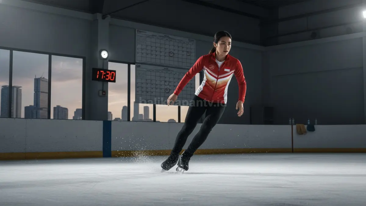 Seseorang berlatih ice skating secara rutin di arena es dengan jadwal teratur, menggambarkan pentingnya frekuensi latihan yang realistis untuk membangun kemampuan dasar sekaligus memberi waktu tubuh beradaptasi dan pulih.