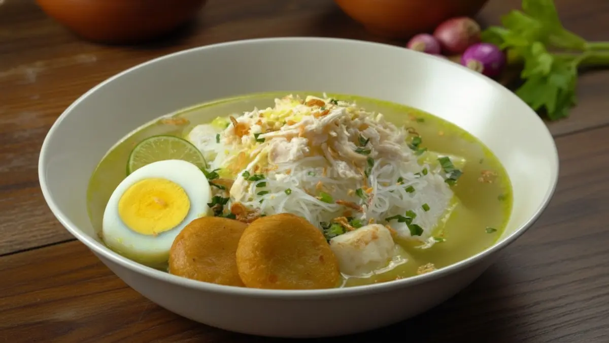 Soto Banjar hangat dengan kuah kental dan isian lengkap