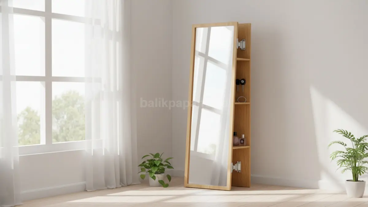 Standing mirror dengan rak tersembunyi
