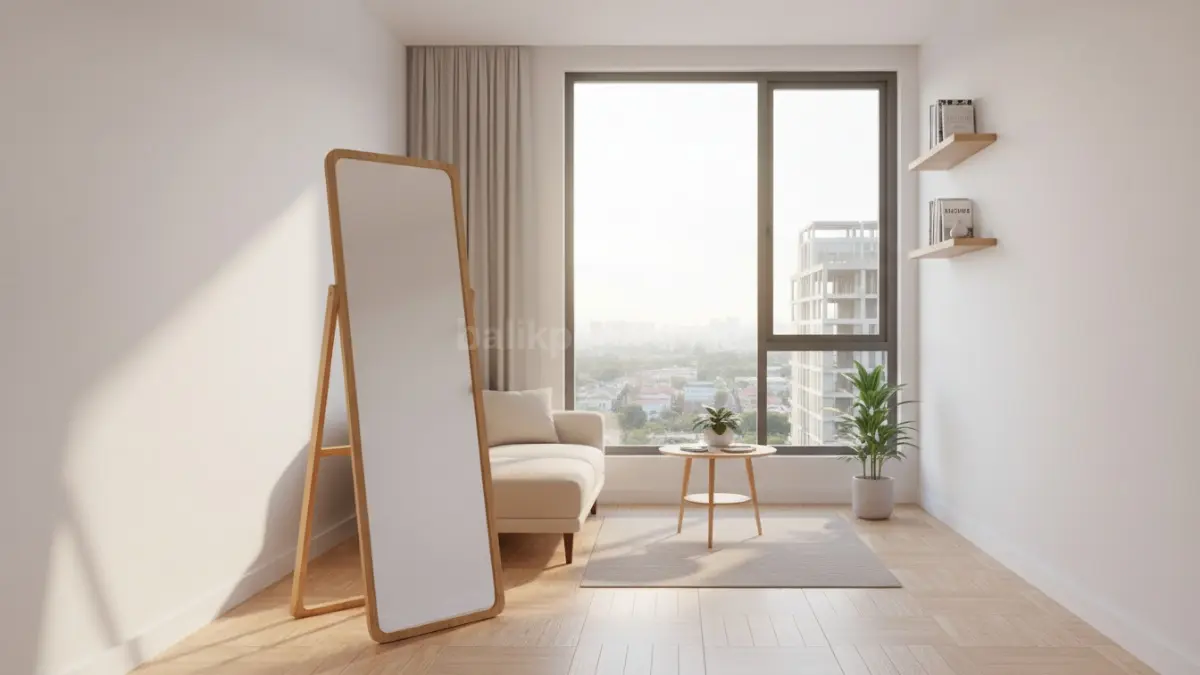 standing mirror minimalis di ruang kecil dengan pencahayaan alami, bikin ruang terasa luas