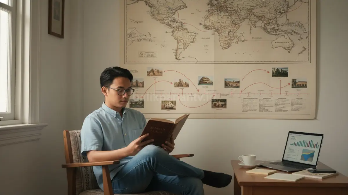 suasana seseorang sedang membaca buku sejarah dunia dengan latar peta global dan garis waktu peristiwa penting, menggambarkan bagaimana pemahaman sejarah membantu melihat pola kehidupan manusia dan dinamika global modern.