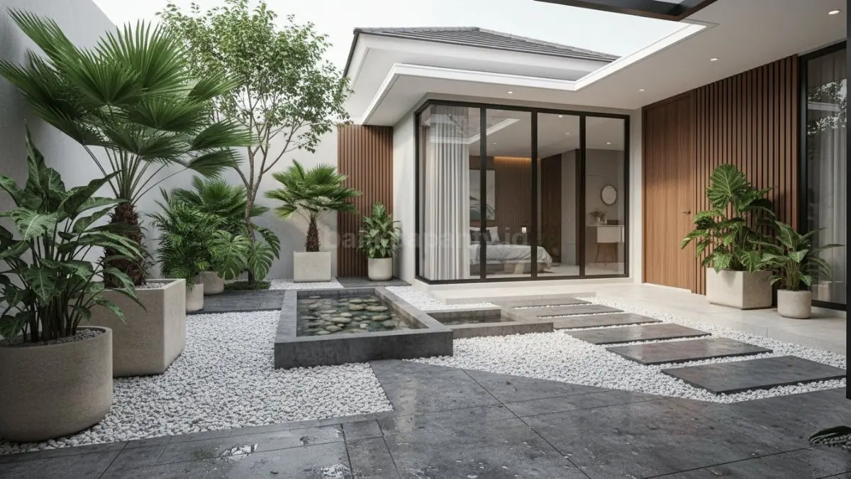Taman minimalis modern dengan hardscape dominan