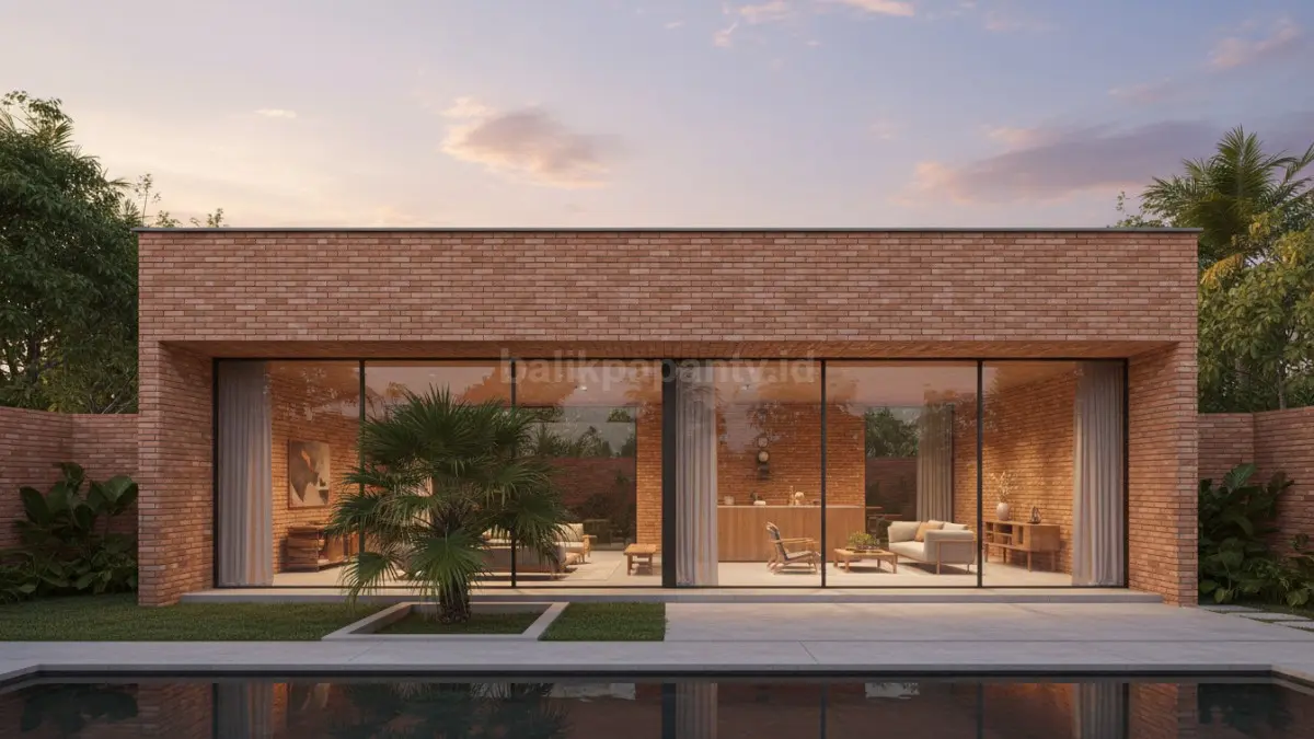 Tampilan rumah batu bata minimalis modern dengan desain sederhana dan pencahayaan alami
