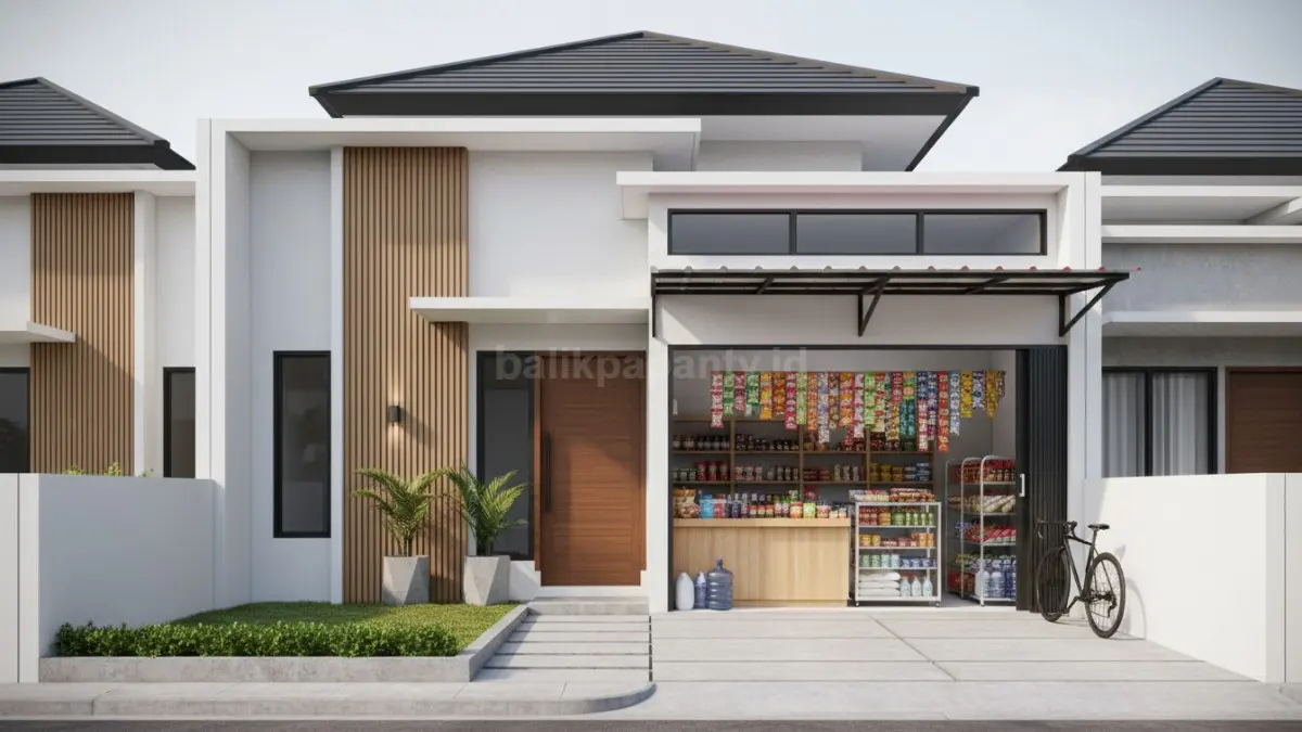 Tampilan rumah minimalis modern dengan warung sembako di bagian depan, rapi dan fungsional
