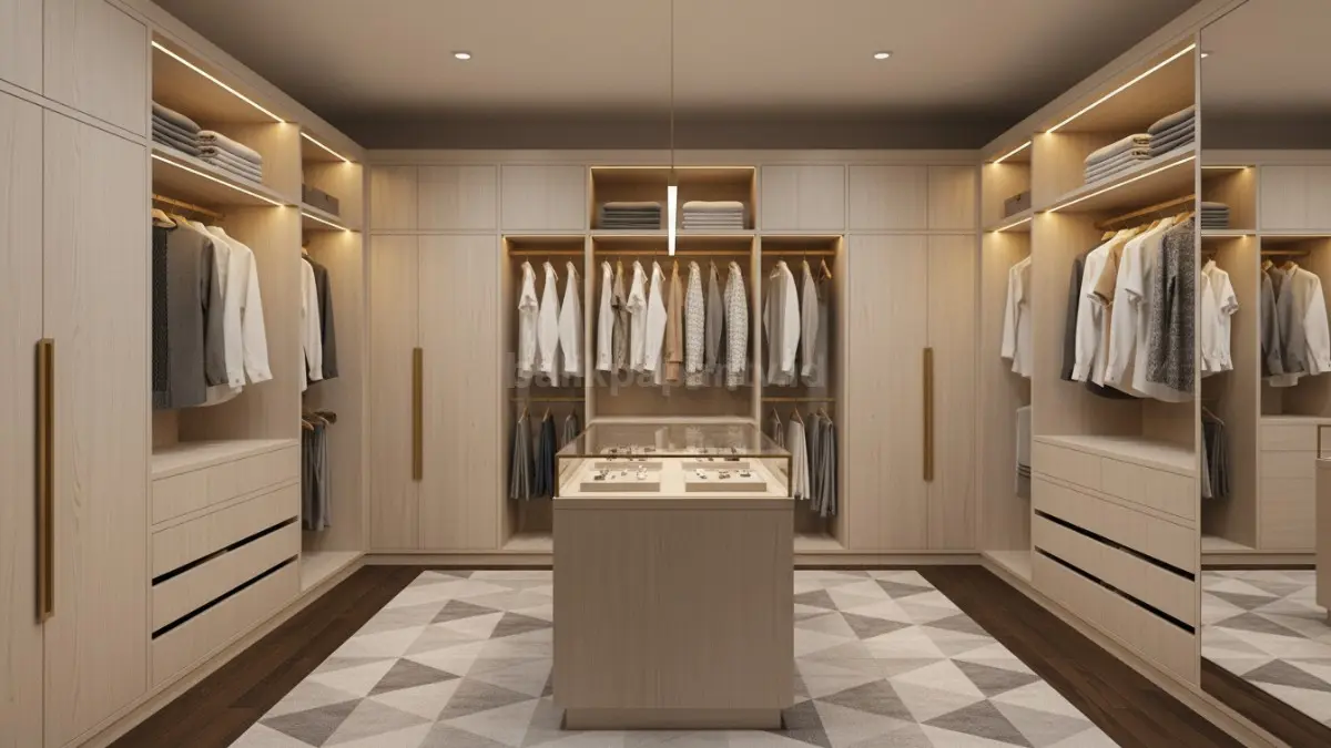  Walk-in closet bentuk U maksimal penyimpanan
