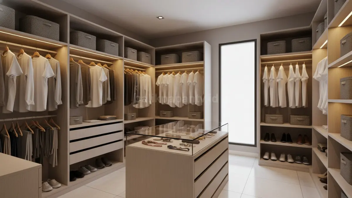 Walk-in closet minimalis modern dengan desain rapi dan pencahayaan hangat yang nyaman