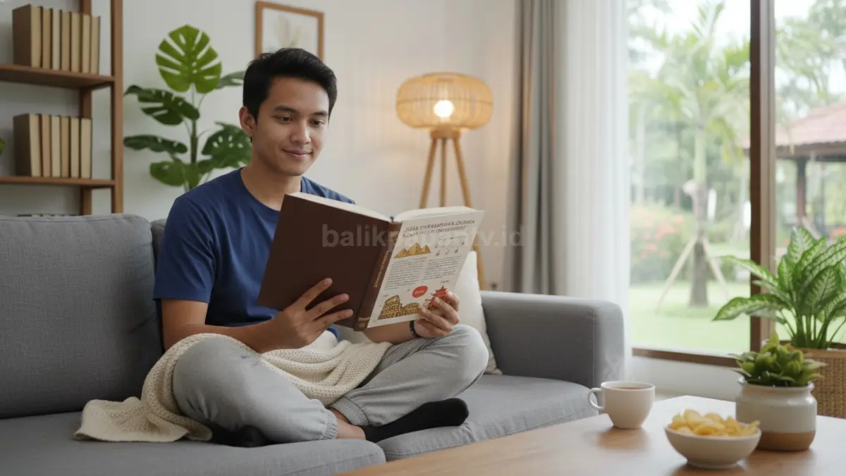 seseorang membaca buku sejarah populer dengan tampilan santai di ruang nyaman, menampilkan halaman berisi cerita peradaban dunia yang dikemas ringan namun berbobot, menggambarkan cara belajar sejarah yang mudah dipahami dan meningkatkan fokus serta daya analisis secara bertahap.