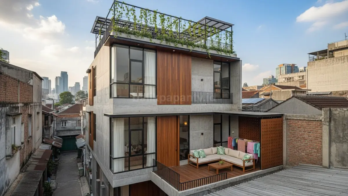 Rooftop jadi solusi cerdas untuk rumah di gang sempit karena memanfaatkan ruang atas sebagai area aktif. Fungsi seperti jemur dan santai bisa digabung tanpa menambah luas lahan. Di kota padat, konsep ini terbukti efektif membuat rumah kecil tetap nyaman, sejalan dengan prinsip desain Bjarke Ingels yang menekankan optimalisasi ruang secara vertikal.