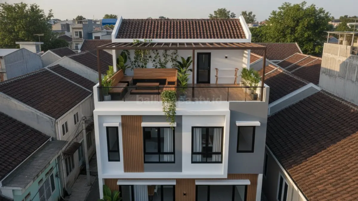 Rooftop multifungsi dengan storage tersembunyi memaksimalkan area atap untuk jemur sekaligus penyimpanan. Furnitur seperti bangku dengan ruang di dalamnya membantu menjaga kerapian tanpa membuat ruang terasa sempit. Solusi ini efektif untuk rumah kecil yang butuh efisiensi tinggi.