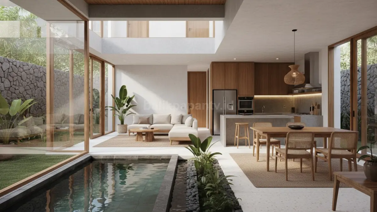 Open space dengan kolam mini di tengah ruang menghadirkan suasana seperti villa. Area ruang tamu, dapur, dan ruang makan menyatu, sementara kolam jadi pusat visual yang bikin rumah terasa segar dan hidup. Cahaya alami mudah masuk, sirkulasi udara lebih lancar, dan ruang kecil terasa lebih lega.