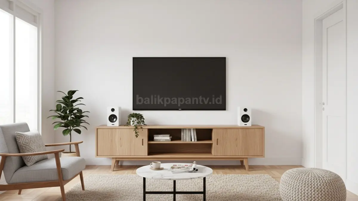 bufet TV minimalis modern di ruang keluarga kecil dengan desain rapi dan estetik