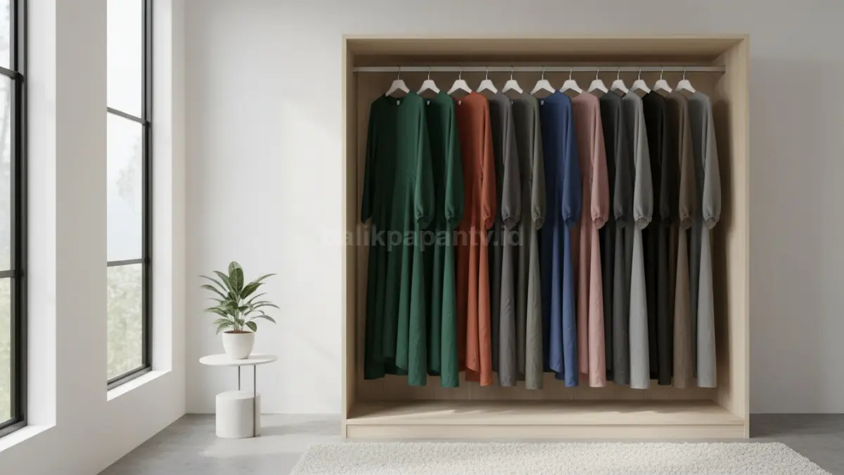 Contoh gamis digantung vertikal dengan hanger rapi di lemari minimalis
