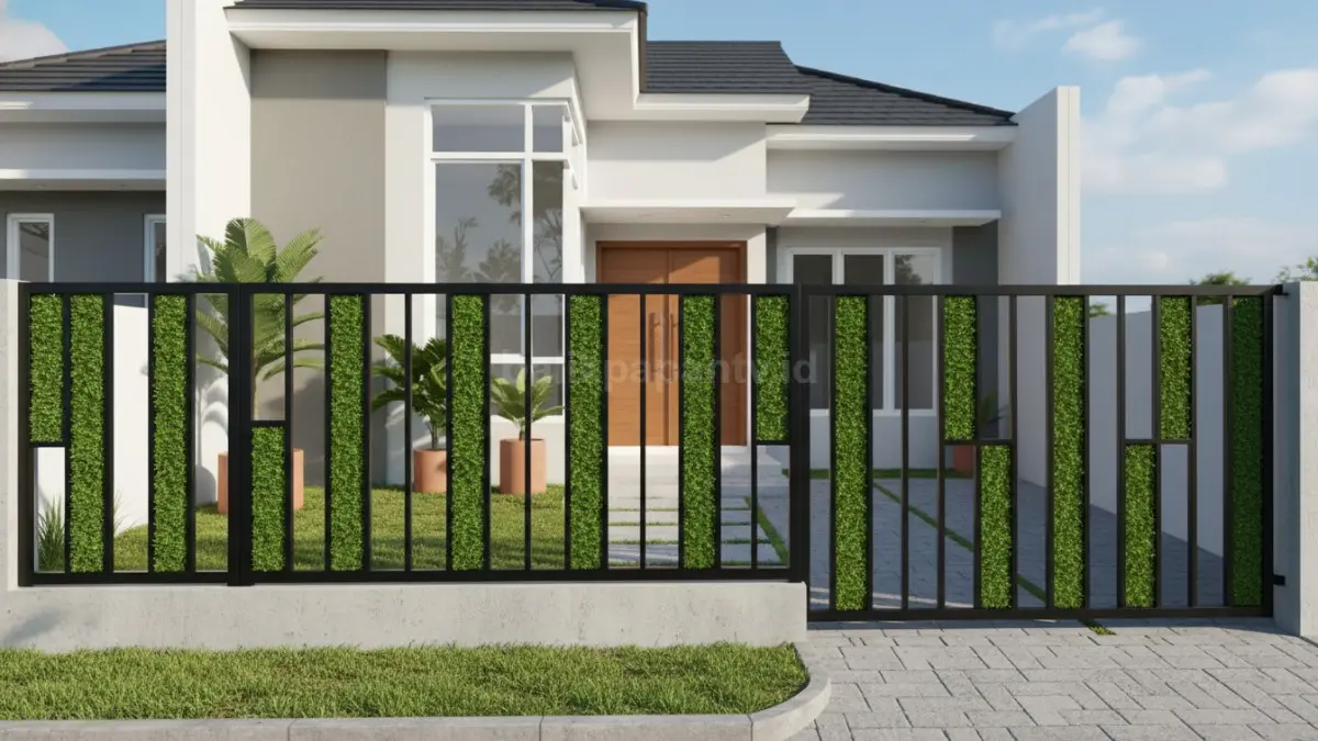 Contoh pagar kombinasi besi dan rumput sintetis minimalis
