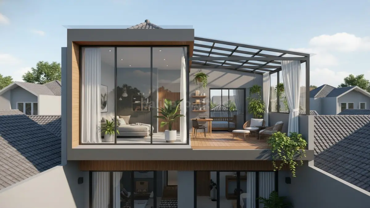 Rooftop semi indoor dengan dinding kaca menggabungkan ruang tertutup dan terbuka dalam satu area. Kaca membantu menjaga privasi sekaligus memaksimalkan cahaya alami. Area ini fleksibel untuk kerja, santai, atau menikmati pagi, dengan perlindungan dari panas dan hujan.