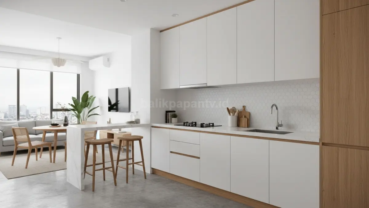 Dapur kecil dengan kabinet rapi menunjukkan konsep minimalis fungsional