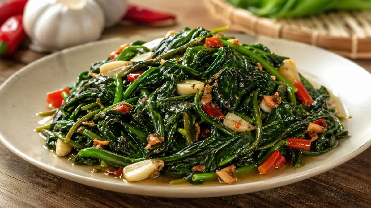 Daun pepaya ditumis dengan bumbu kuat.