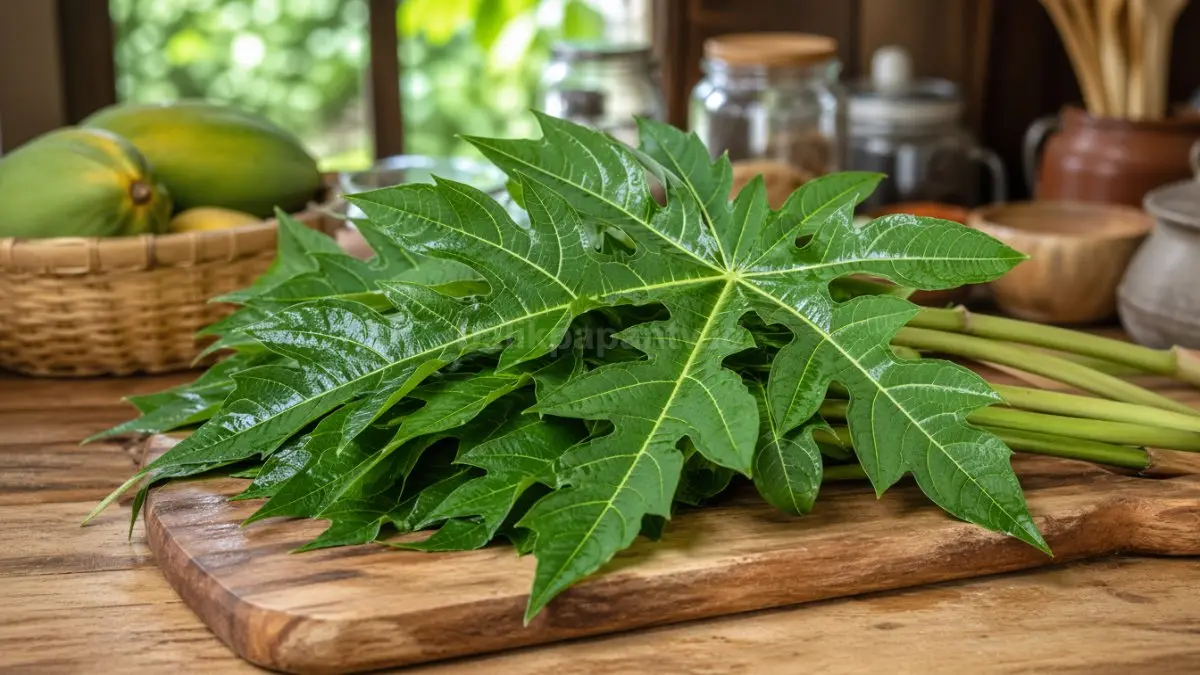 Daun pepaya segar di dapur sederhana dengan nuansa alami sehat.
