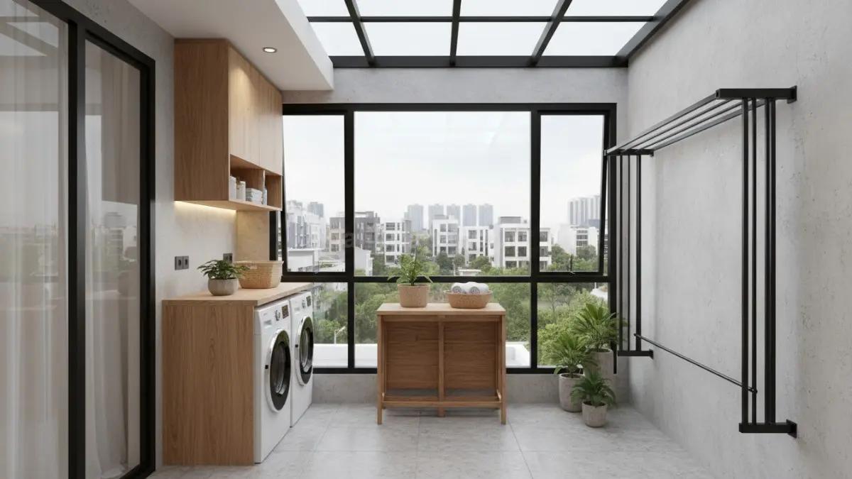 Desain ruang cuci jemur lantai dua modern dengan sirkulasi udara maksimal dan tampilan minimalis
