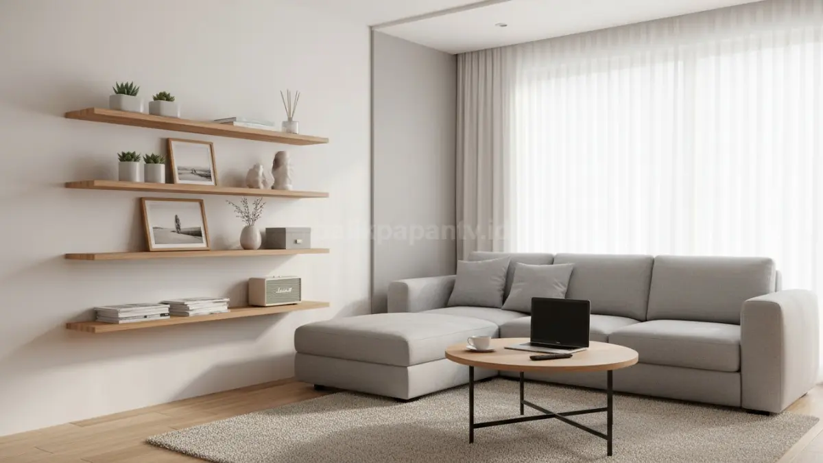 Floating shelf minimalis kayu di ruang tamu modern yang rapi dan estetik