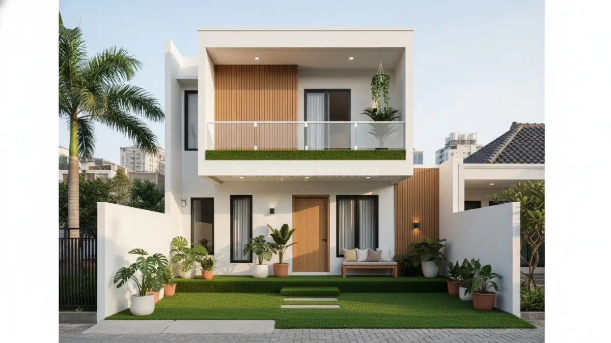 Halaman rumah modern dengan rumput sintetis rapi, tampil hijau tanpa perawatan