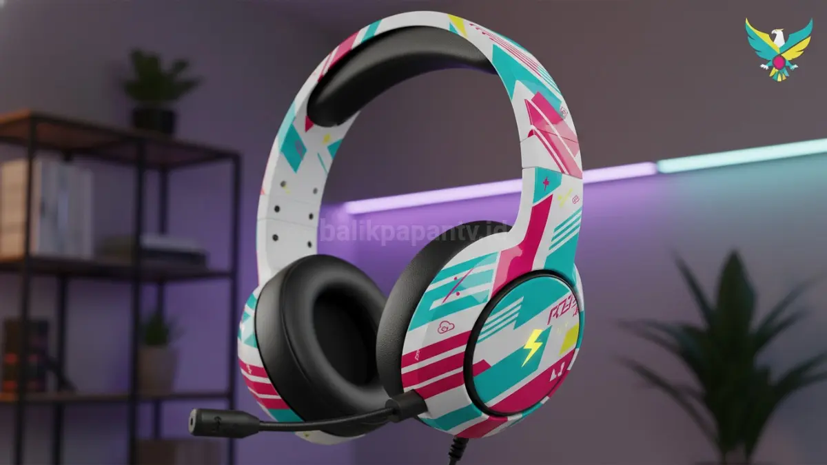 Headset dengan desain grafis di bagian headband dan earcup