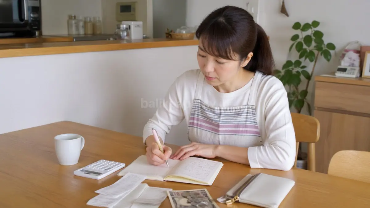 Ibu rumah tangga jepang mencatat pengeluaran harian dengan buku.