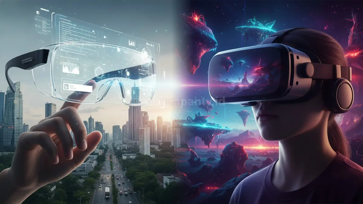 Ilustrasi AR glasses dan VR headset berdampingan, menunjukkan perbedaan pengalaman digital
