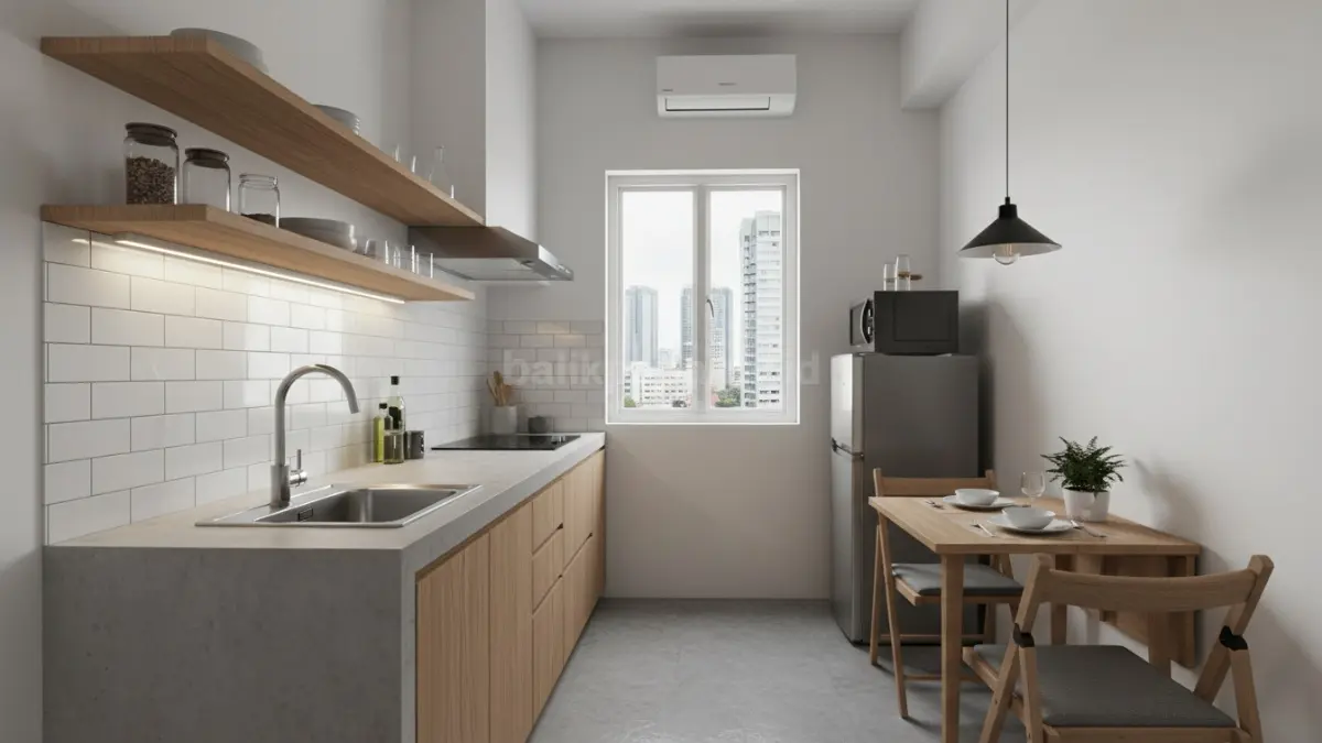 ilustrasi dapur kecil dengan tata letak efisien
